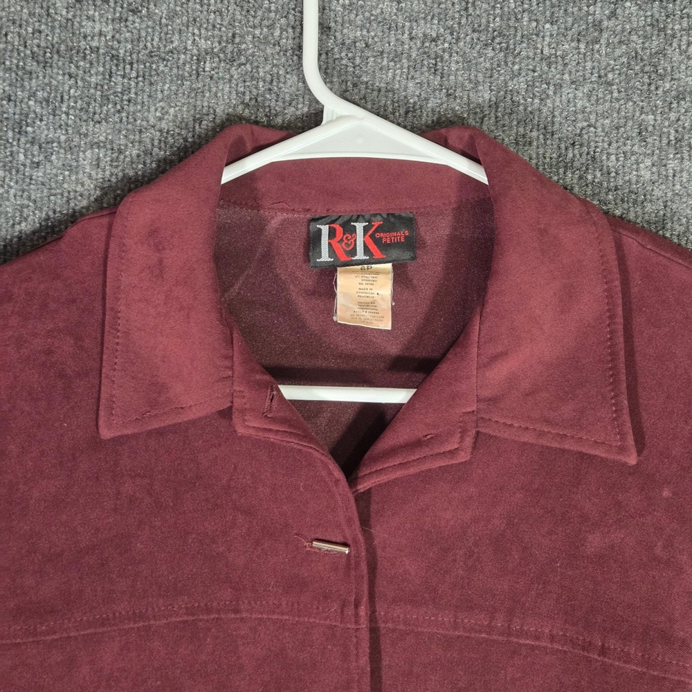 R&K Originals Petite Jacket 6P Burgundy Black Color Block Faux Suede Bar Button